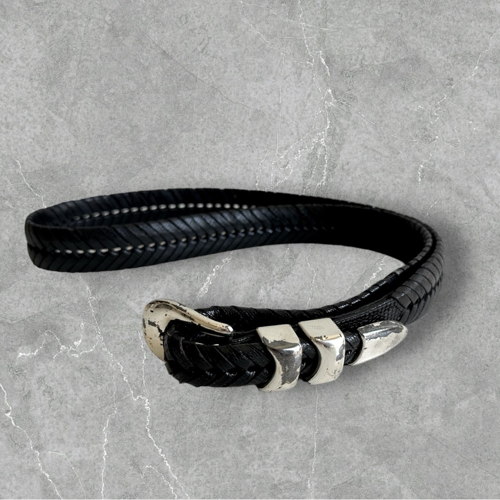 Leather belt men’s 42 black braided silver coated finish buckle 1 1/10” wide
